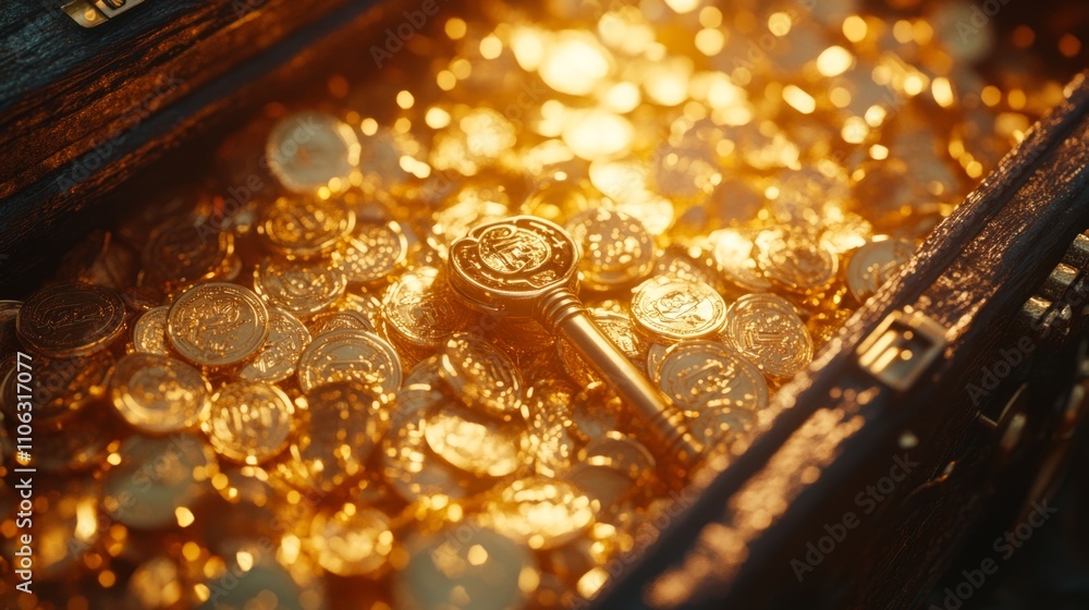 A key unlocking a chest filled with gold coins, symbolizing secure investment and guaranteed returns, treasure A key unlocking a chest filled with gold coins, symbolizing secure investment and guaranteed returns, treasure