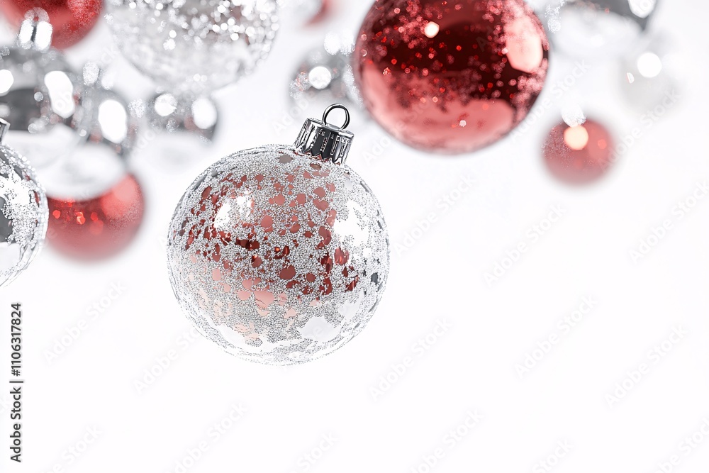 Bright red and silver metallic baubles with embossed textures, floating in clusters against a pure white background, illuminated by soft, even studio lighting 1 Bright red and silver metallic baubles with embossed textures, floating in clusters against a pure white background, illuminated by soft, even studio lighting 1