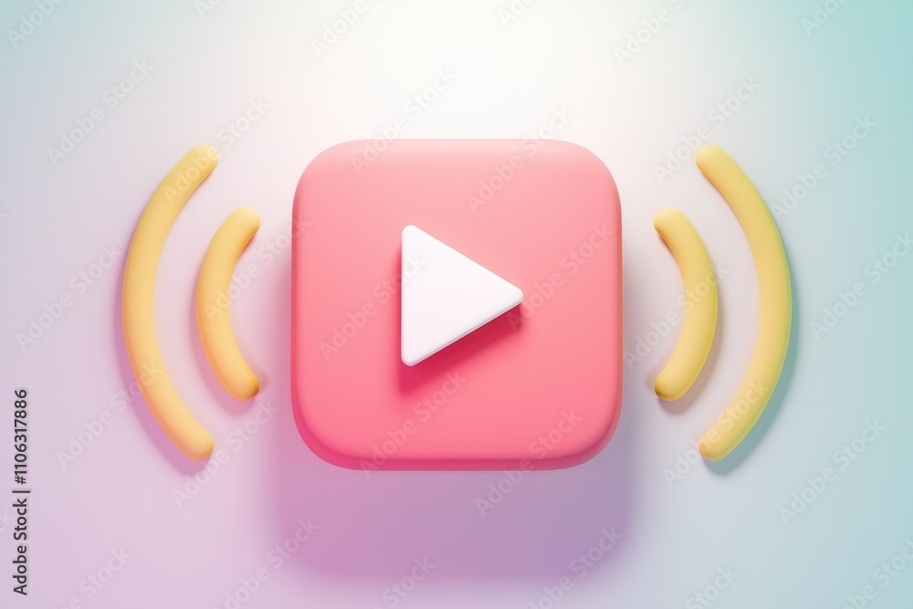 A 3D render of a pink play button with yellow wifi signals symbolizing online video streaming A 3D render of a pink play button with yellow wifi signals symbolizing online video streaming
