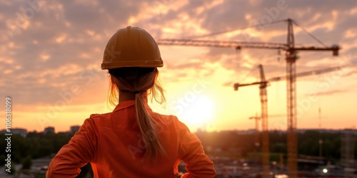 female construction worker, a realistic female construction worker in action, surrounded by cranes and machinery on a building site photo