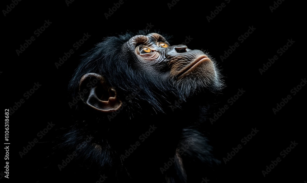 Fototapeta premium A contemplative ape with striking golden eyes gazes upward, highlighted against a deep black background