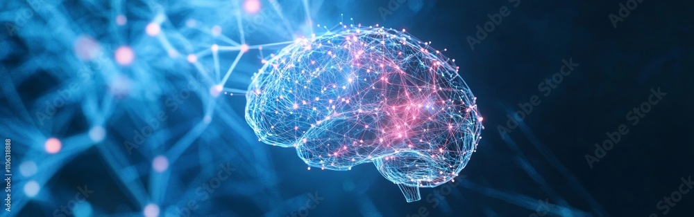 Fototapeta premium A blue and pink digital model of a brain showcases neuron connections and pathways, highlighting the interplay between technology and human cognition in a futuristic context