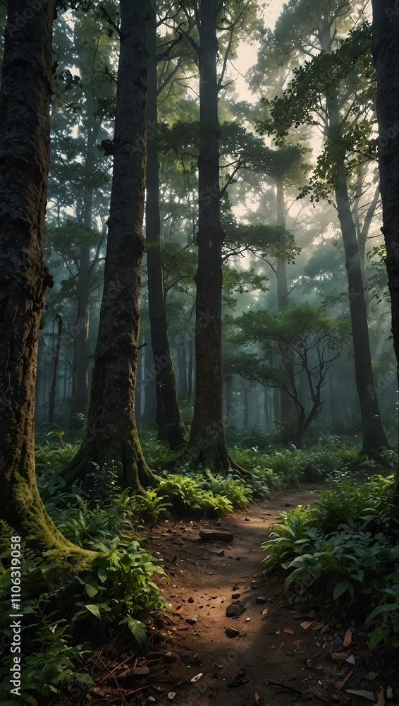 Fototapeta premium Magical ancient hidden forest with a serene atmosphere.