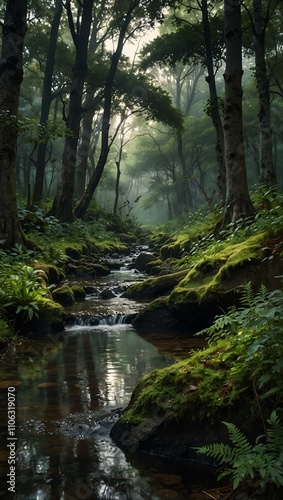 Magical ancient hidden forest with a serene atmosphere.