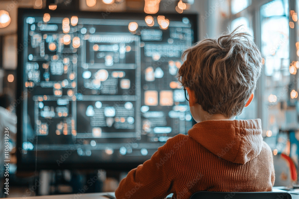 Child engaged in ai learning modern classroom digital display interactive environment curious viewpoint technology exploration Child engaged in ai learning modern classroom digital display interactive environment curious viewpoint technology exploration
