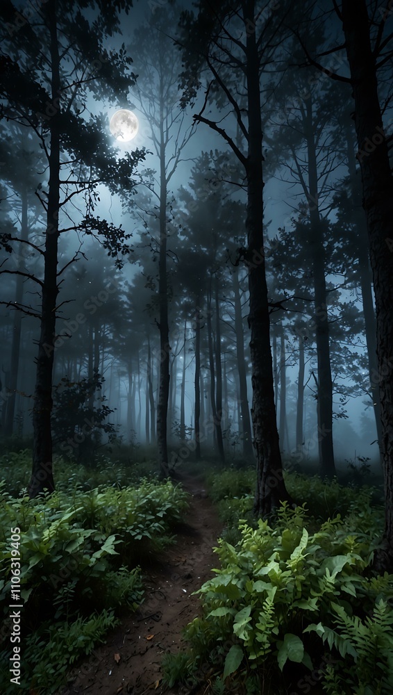 Fototapeta premium Magical forest with fog and moonlight.