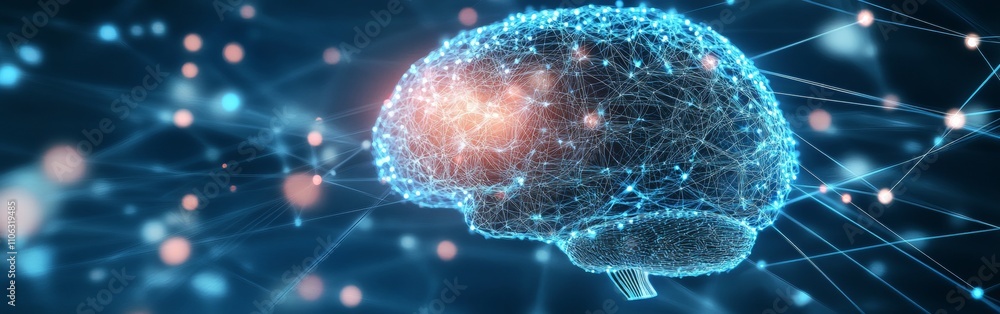 A digital brain is depicted with glowing connections representing neural networks, illustrating the complexity of thought and communication in technology