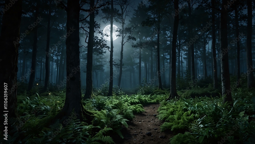 Fototapeta premium Magical moonlit forest scene with serene, hidden vibes.