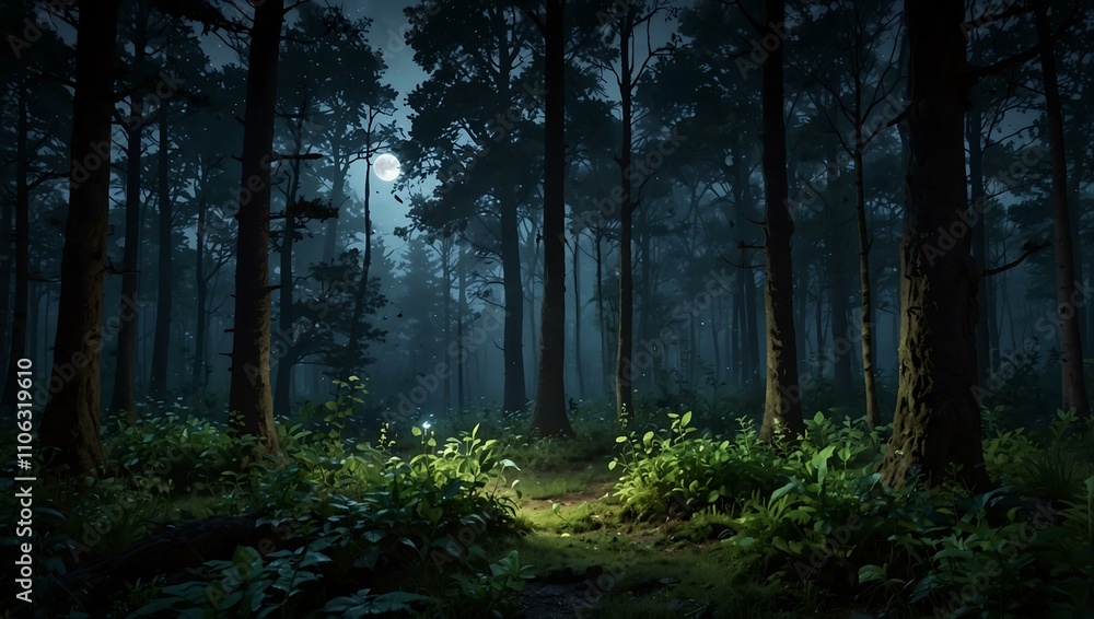 Fototapeta premium Magical moonlit forest scene with serene, hidden vibes.