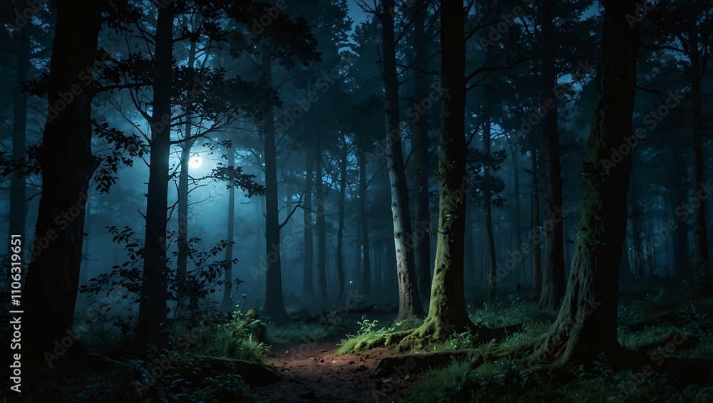 Fototapeta premium Magical moonlit twilight forest with serene atmosphere.