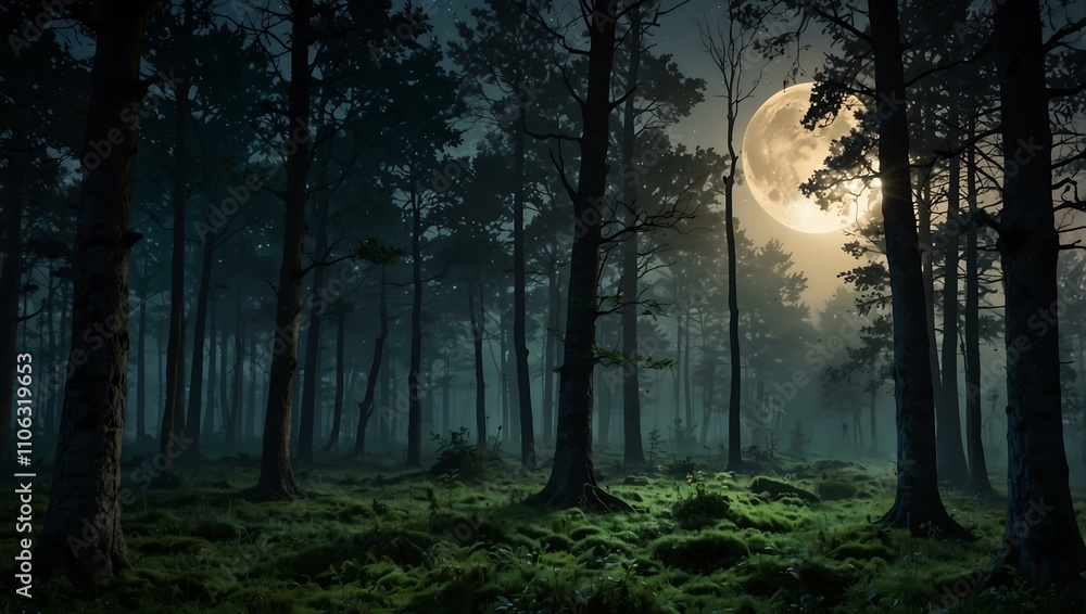 Fototapeta premium Magical moonlit twilight forest with serene atmosphere.