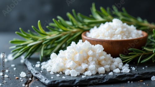 A bowl filled with Celtic sea salt flakes accompanied by sprigs of rosemary on a dark slate surface.