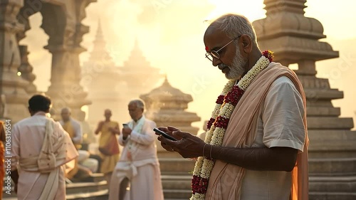 Wallpaper Mural Temple Priest Blessing Devotees with Smartphone Translating Prayers Torontodigital.ca