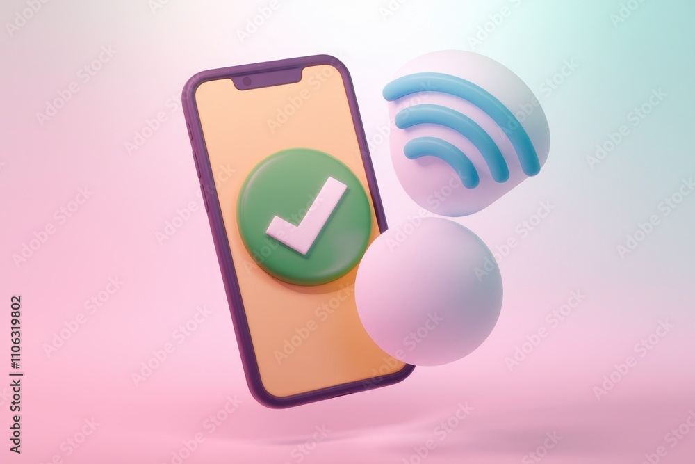 3D illustration of a smartphone with a checkmark and wifi symbol signifying successful connection 3D illustration of a smartphone with a checkmark and wifi symbol signifying successful connection