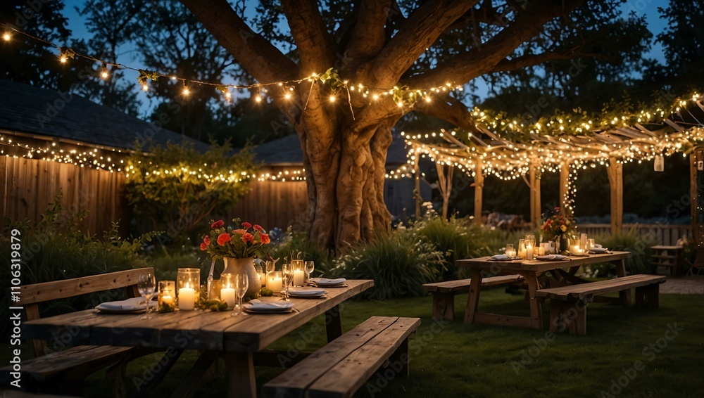 Obraz premium Magical outdoor setting with fairy lights, trees, and flowers.