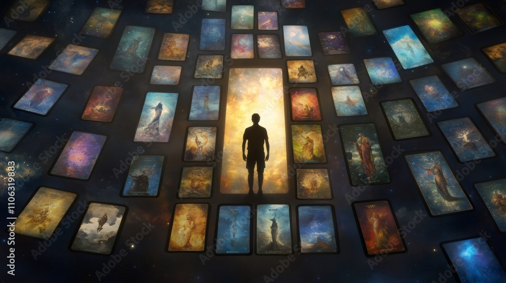 a concept art piece depicts a person entering a cosmic gateway made of oversized tarot cards, symbolizing a spiritual voyage a concept art piece depicts a person entering a cosmic gateway made of oversized tarot cards, symbolizing a spiritual voyage