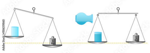 1 liter of water and one kilo of weight on the scale. Equalizing the weight of the glass filled into the jug on the seesaw. Water weight calculation. Vector illustration