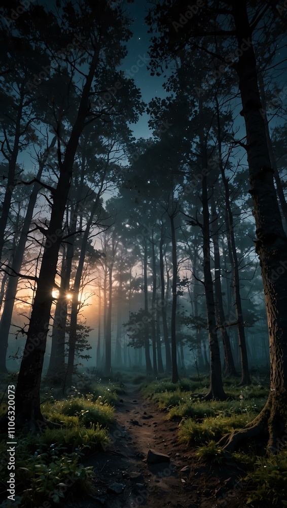 Obraz premium Magical twilight forest under moonlight.