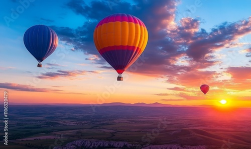 Hot air balloons drift gracefully over a vast landscape at sunset, filling the sky with vibrant colors