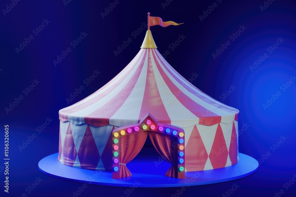 A pink and white striped circus tent with a colorful entrance under a blue light A pink and white striped circus tent with a colorful entrance under a blue light