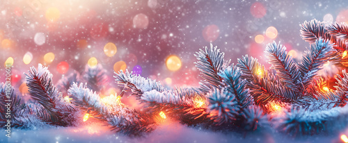 Wallpaper Mural Frosty pine branches with glowing christmas lights in snow Torontodigital.ca