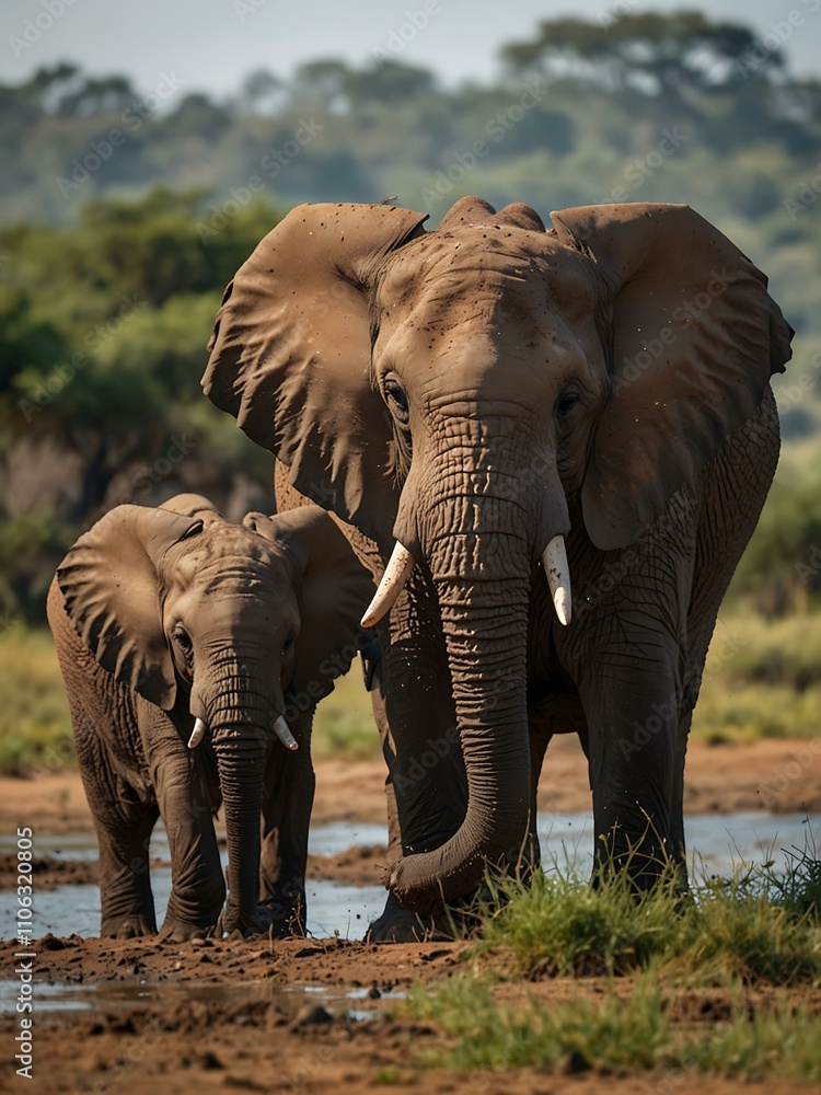 Fototapeta premium Majestic African elephant family in a serene environment.