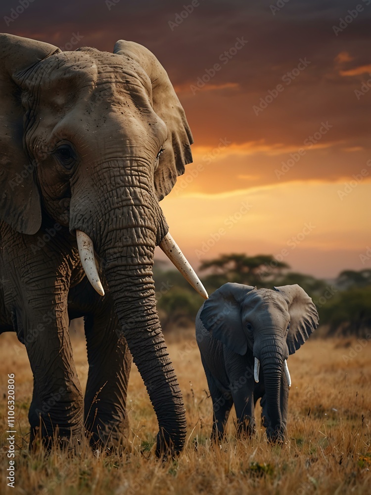 Naklejka premium Majestic African elephant family in a serene environment.