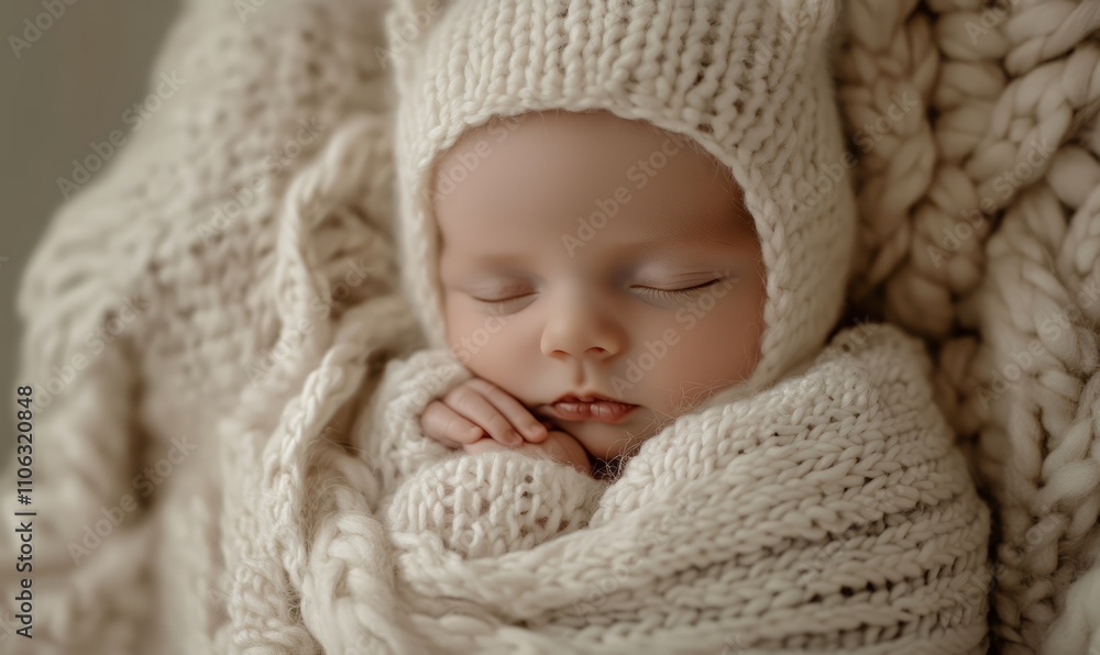 Newborn baby peacefully sleeping, dressed in a cozy cream knitted outfit, wrapped in matching chunky knit blanket. Soft, serene atmosphere Newborn baby peacefully sleeping, dressed in a cozy cream knitted outfit, wrapped in matching chunky knit blanket. Soft, serene atmosphere