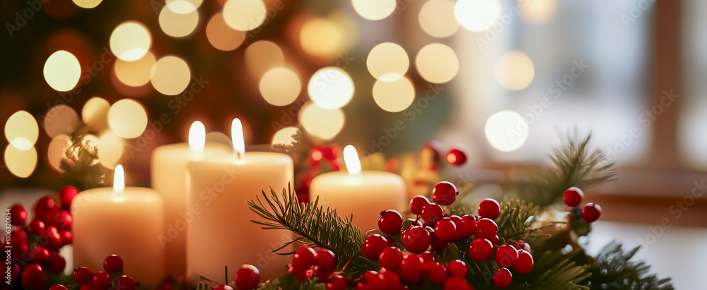 Glowing christmas candles with pine and red berries in warm bokeh Glowing christmas candles with pine and red berries in warm bokeh