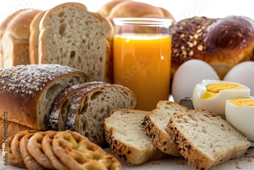 A plate filled with various types of bread and breakfast food photo