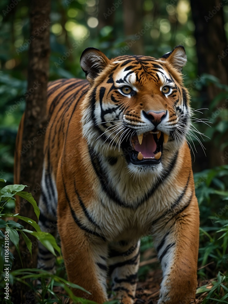 Majestic Bengal tiger roaring in a lush jungle. Majestic Bengal tiger roaring in a lush jungle.