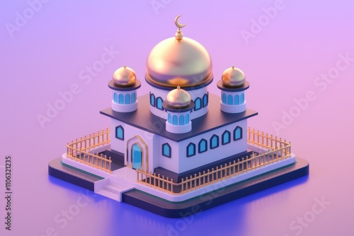 Isometric 3D model of a mosque with golden domes and minarets photo