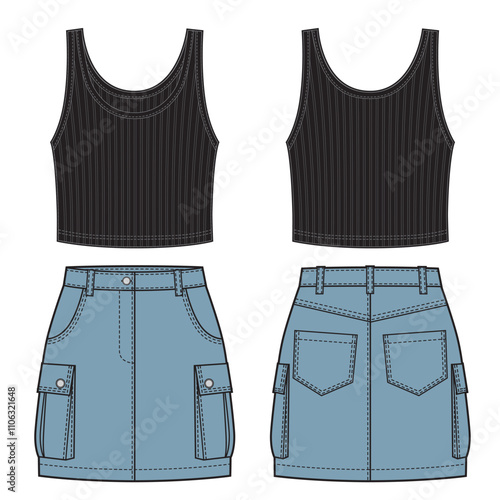 Denim skirt and black crop top