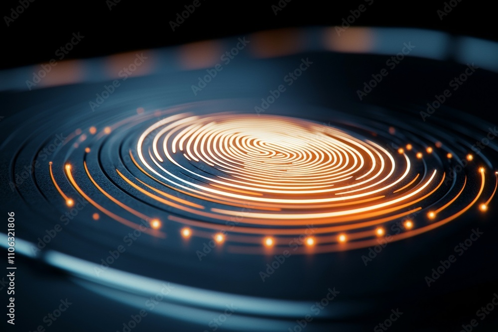 Futuristic digital fingerprint interface with glowing orange lines Futuristic digital fingerprint interface with glowing orange lines