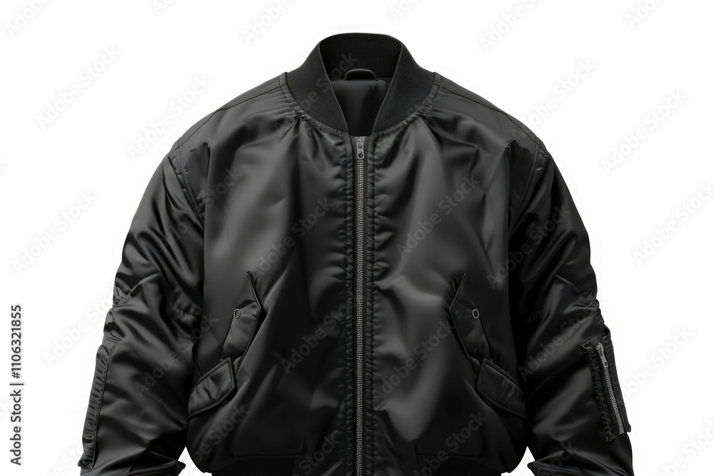 A black bomber jacket on a simple white background A black bomber jacket on a simple white background