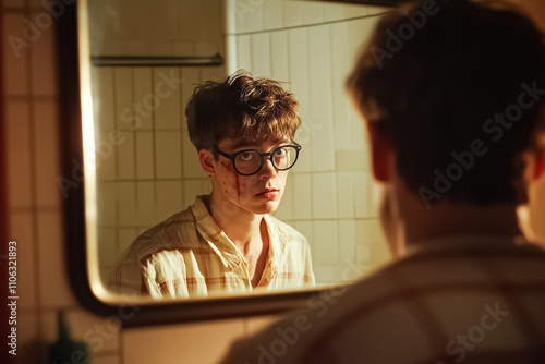 Bullism: Reflective Young Man Hit in the Cheek Staring at Mirror with Sad Expression photo