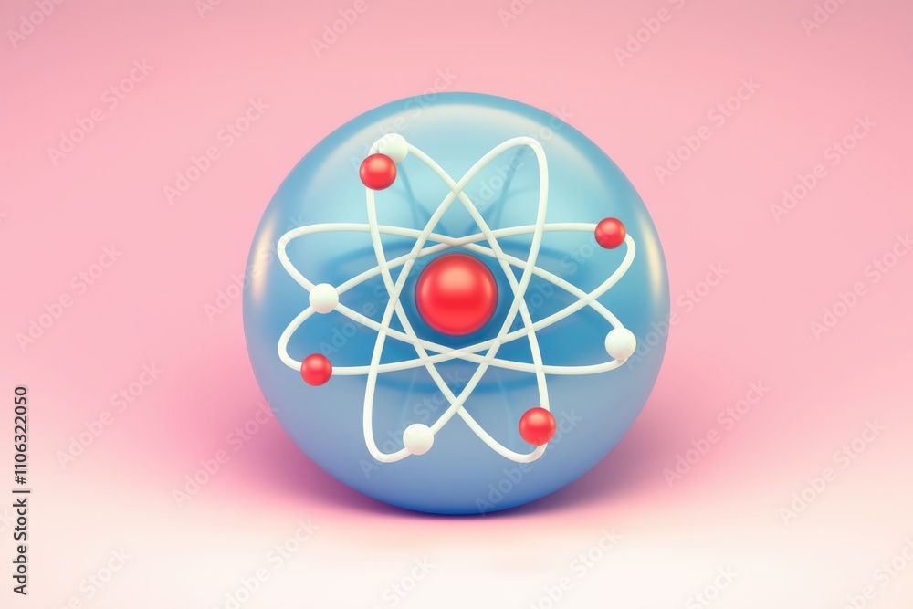 A stylized 3D model of an atom featuring a central nucleus and orbiting electrons A stylized 3D model of an atom featuring a central nucleus and orbiting electrons