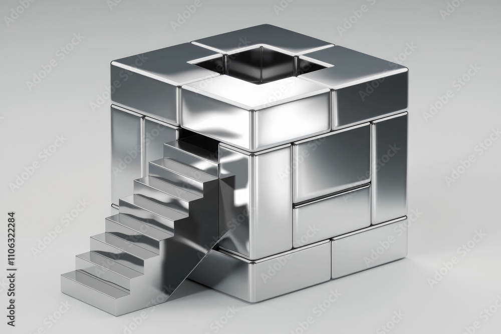 Metallic cube with staircase symbolizes progress and achievement. Metallic cube with staircase symbolizes progress and achievement.