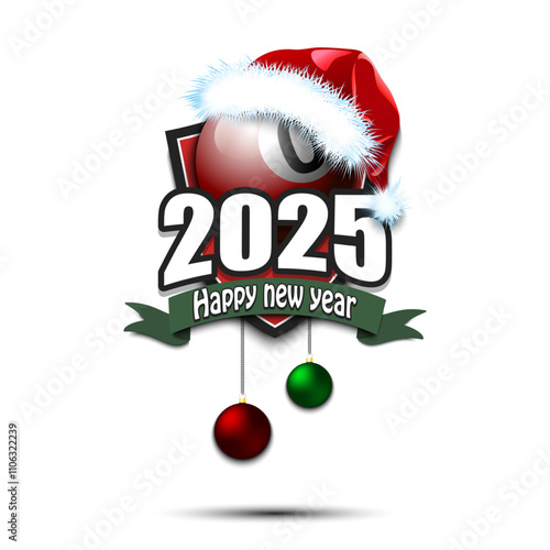 Happy new year 2025. Billiard logo template design. Billiard ball in santa hat. Design pattern for greeting card, banner, poster. Vector illustration on isolated background