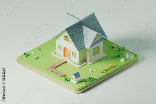 A charming 3D rendered model of a cozy house with a lush green lawn and small garden photo