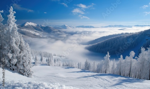 Snowy winter landscape with fog and mountains