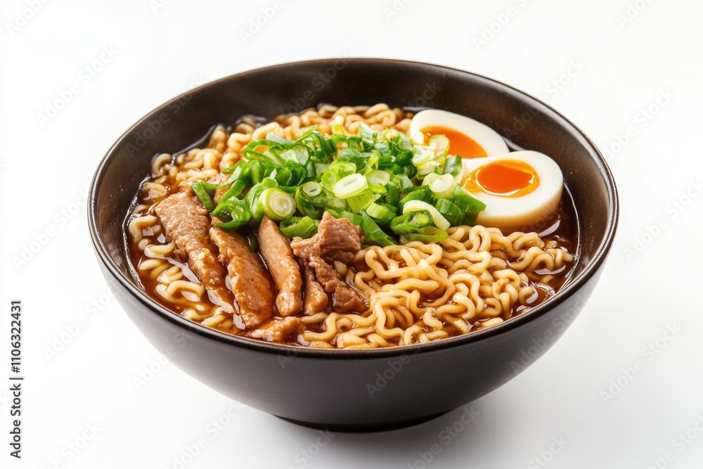 A warm and savory bowl of ramen with sliced meat and an egg, perfect for a quick lunch or dinner A warm and savory bowl of ramen with sliced meat and an egg, perfect for a quick lunch or dinner