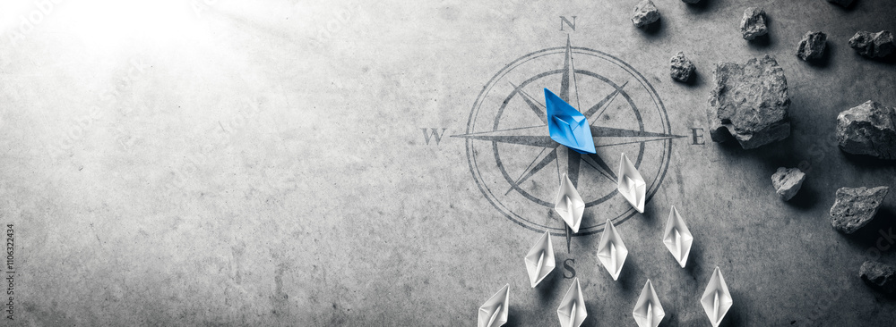 custom made wallpaper toronto digitalBlue Paper Boat With Compass Rose Leading A Fleet Of Small White Boats Away From Rocks On Grey Concrete - Leadership Concept	
