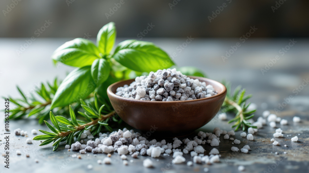 Bowl of Celtic Sea Salt with herbs for seasoning. Bowl of Celtic Sea Salt with herbs for seasoning.