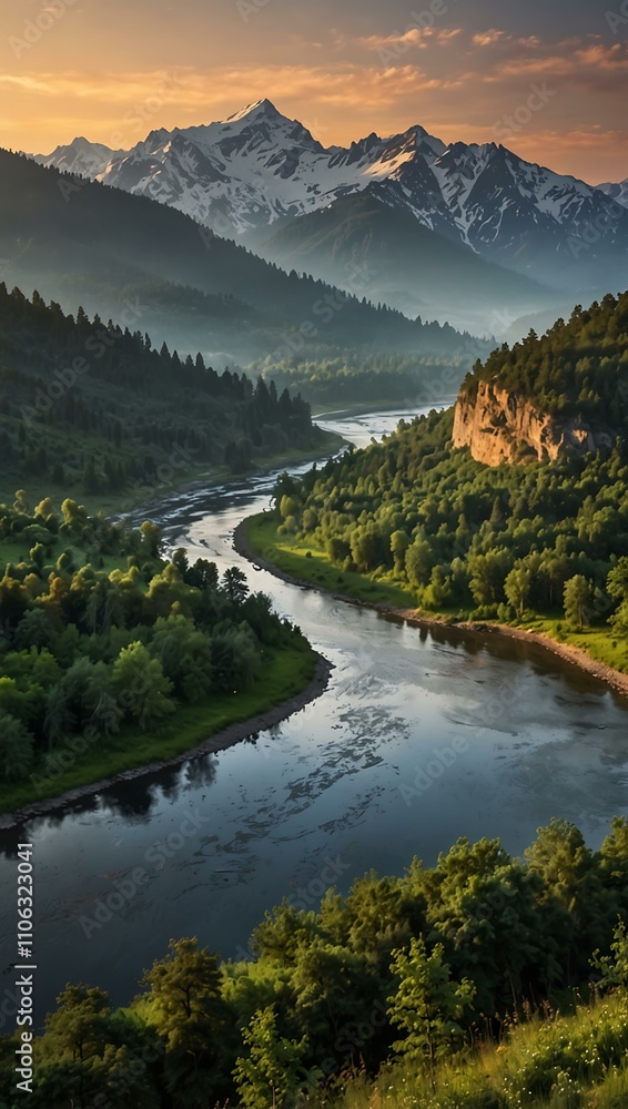 Fototapeta premium Majestic mountain range overlooking a serene river valley.