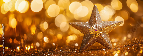 Glittering golden star ornament with festive bokeh light background