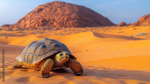 Tortoise traversing a desert landscape. photo