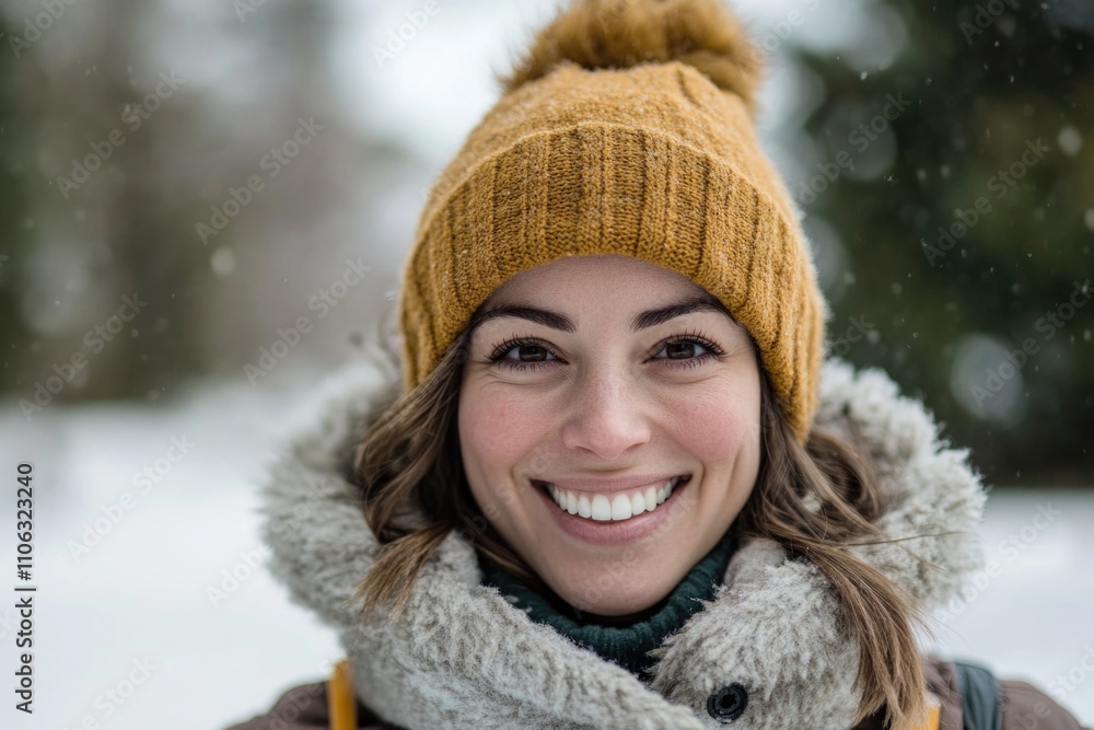A smiling woman wearing a yellow hat and scarf, great for use in travel or outdoor theme images A smiling woman wearing a yellow hat and scarf, great for use in travel or outdoor theme images