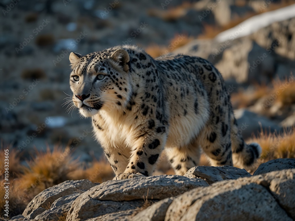 Fototapeta premium Majestic snow leopard prowling rocky terrain.