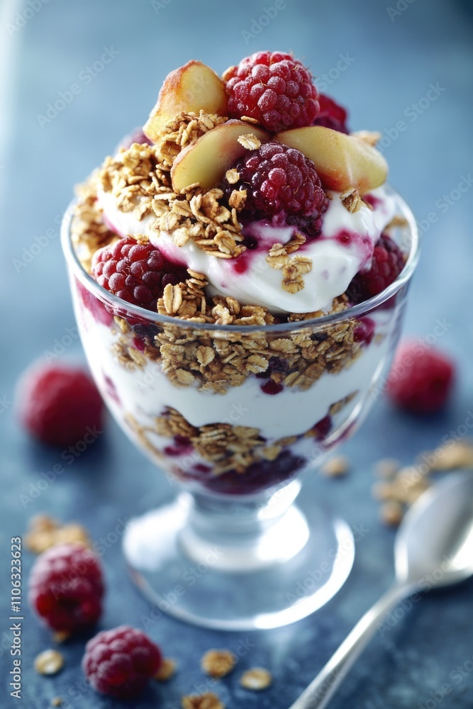 A colorful dessert featuring yogurt topped with fresh raspberries and crunchy granola A colorful dessert featuring yogurt topped with fresh raspberries and crunchy granola